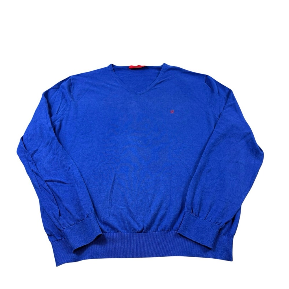 Carolina Herrera Blue Red Logo Cotton V Neck Sweater Size Mens XL